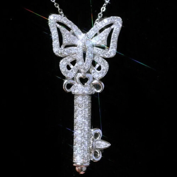 NEW Silver Diamond Butterfly Key Pendant Necklace - Picture 1 of 8